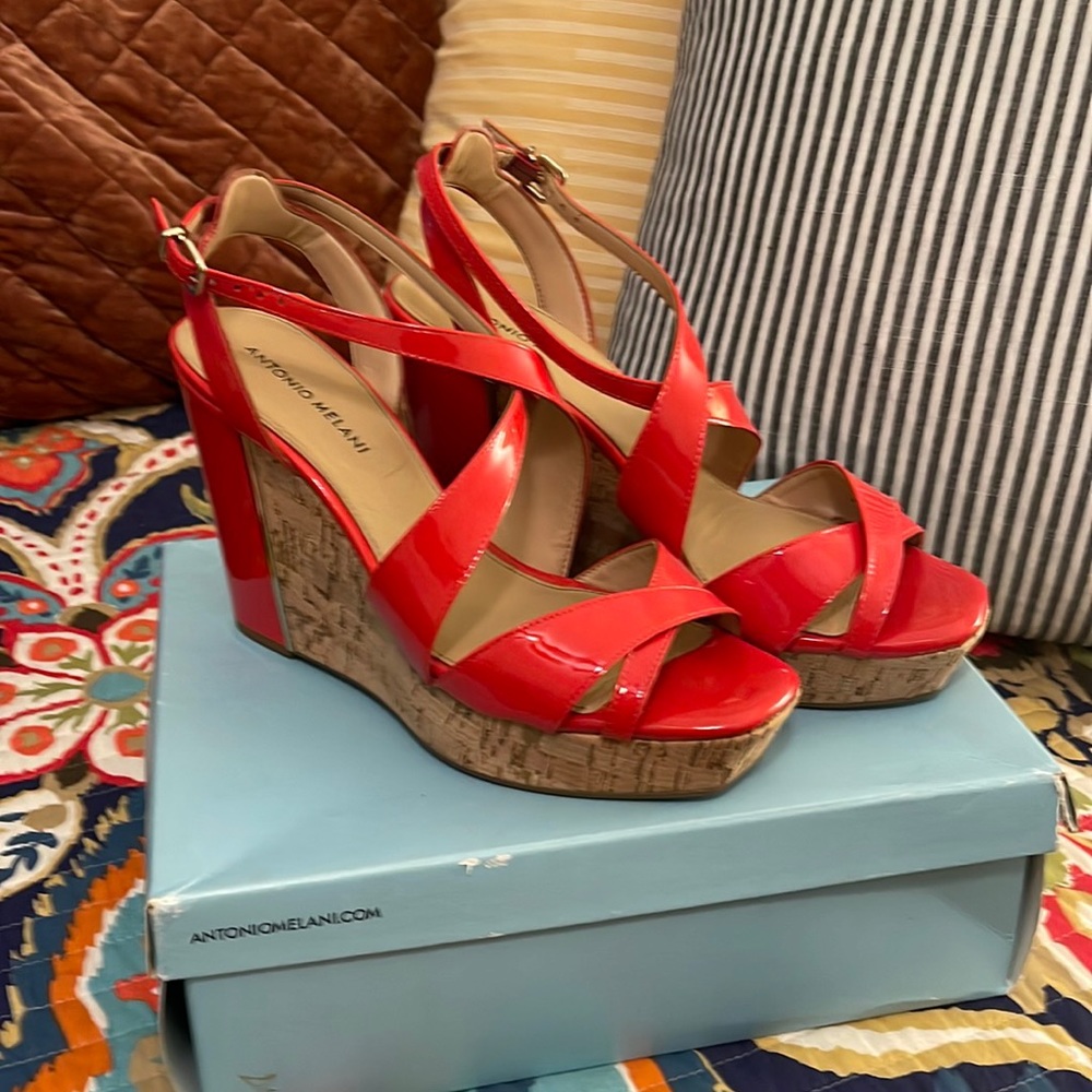 Antonio Melani Red Leather Cork Wedges Sz 10